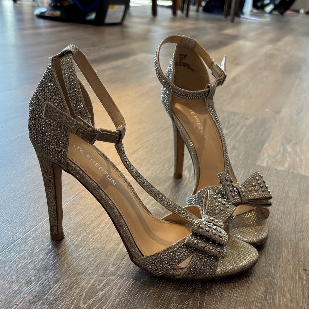 Kate Preston Silver Embellished T-Strap High Heel Sandals
